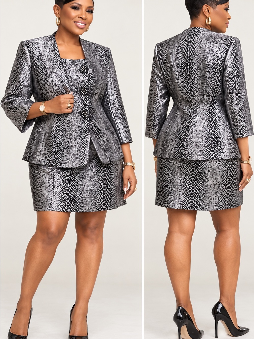 LINI Metallic Silver Snake-Print Mini Skirt